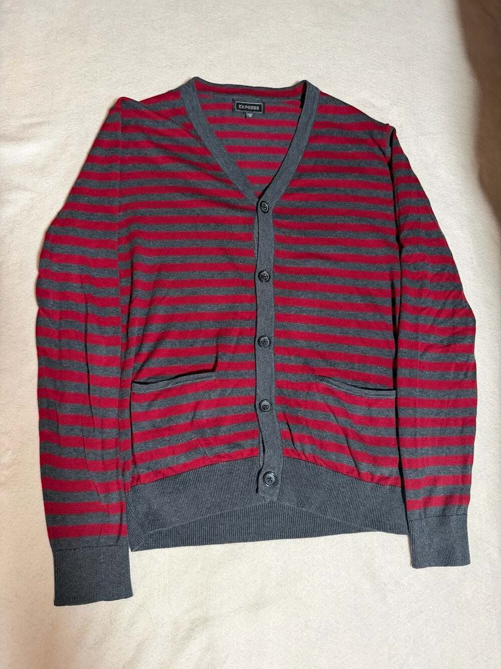 Express Cardigan Sweater Size M Red Gray Striped V-Neck Pockets